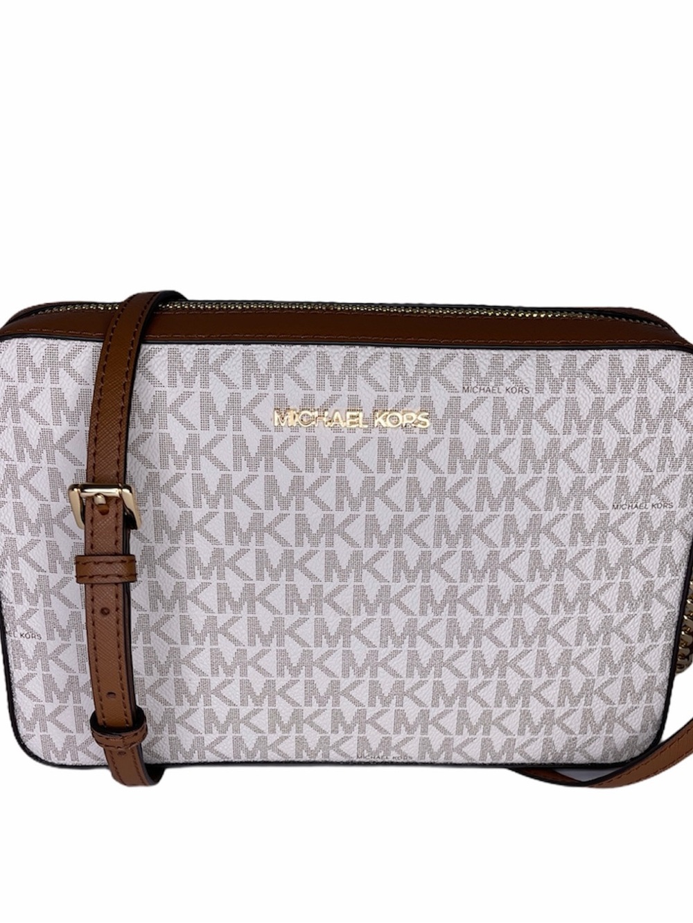 Michael Kors White and Brown MK Logo Crossbody Bag